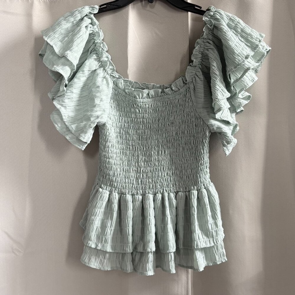 A Calin Womens Top Medium Green Tiered Flutter Sleeve Milkmaid Boho Boho 18250x